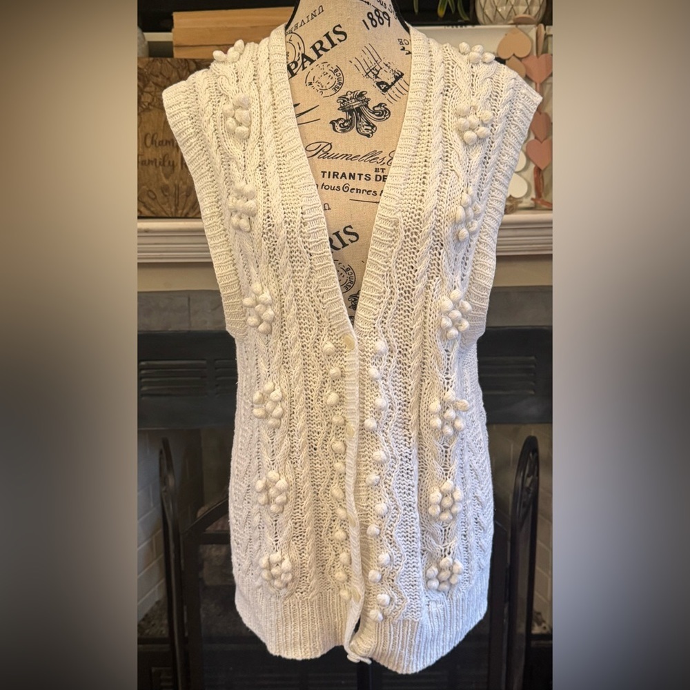 JG Hook White Vintage Hand Knit Sleeveless Sweater Vest Cardigan Linen Cotton M